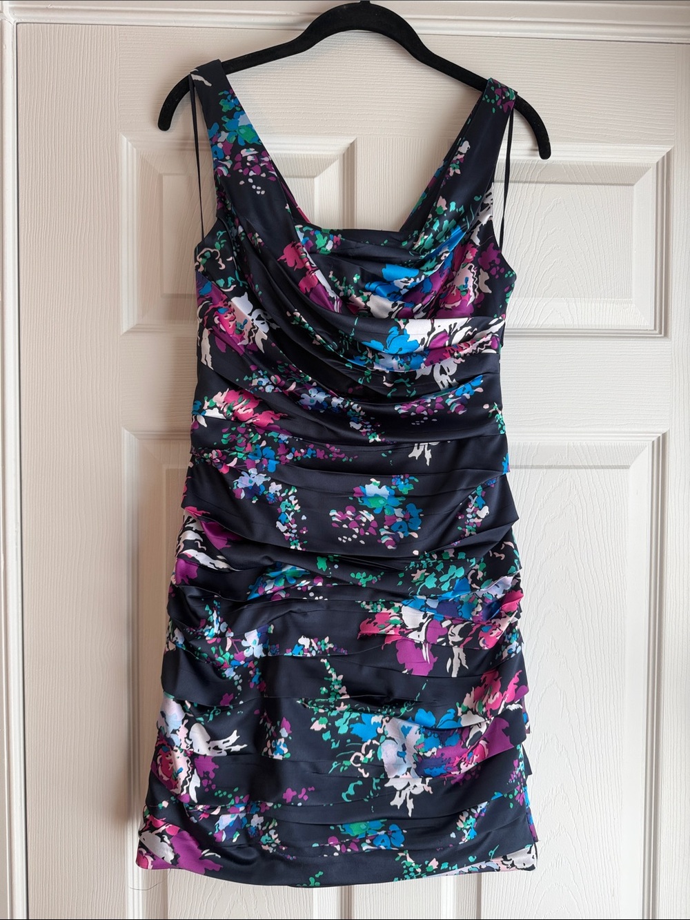 Express Navy Floral Ruched Mini Dress with Blue, Purple & Pink Accents